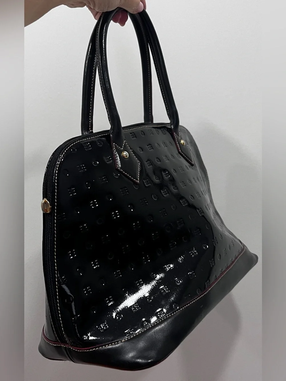 Arcadia Black Patent Leather Embossed Dome Satchel Bag Made in Italy